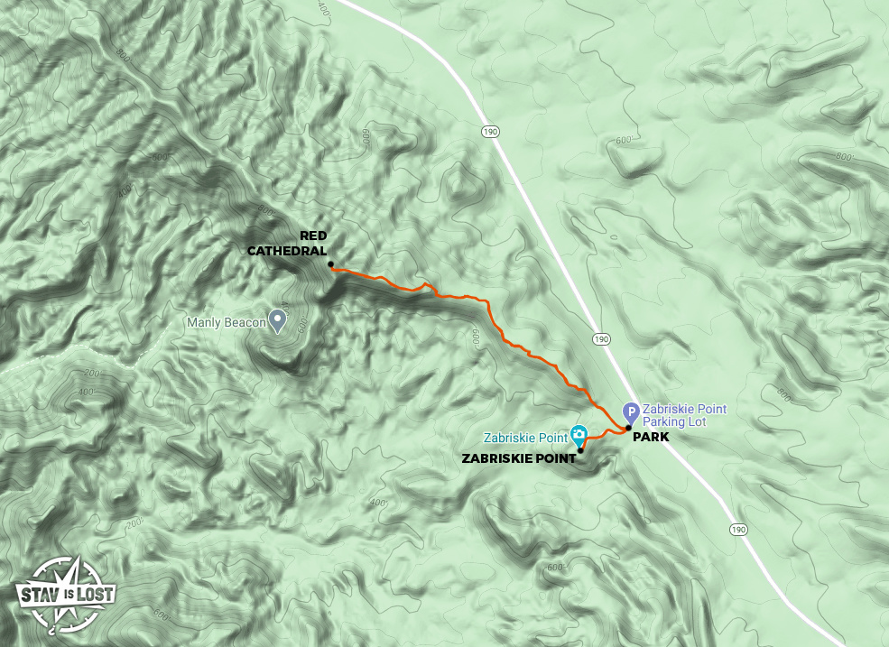 Hiking Map for Zabriskie Point and Red Cathedral