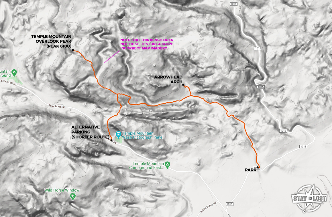 map for Temple Mountain Overlook Peak via Temple Wash by stav is lost