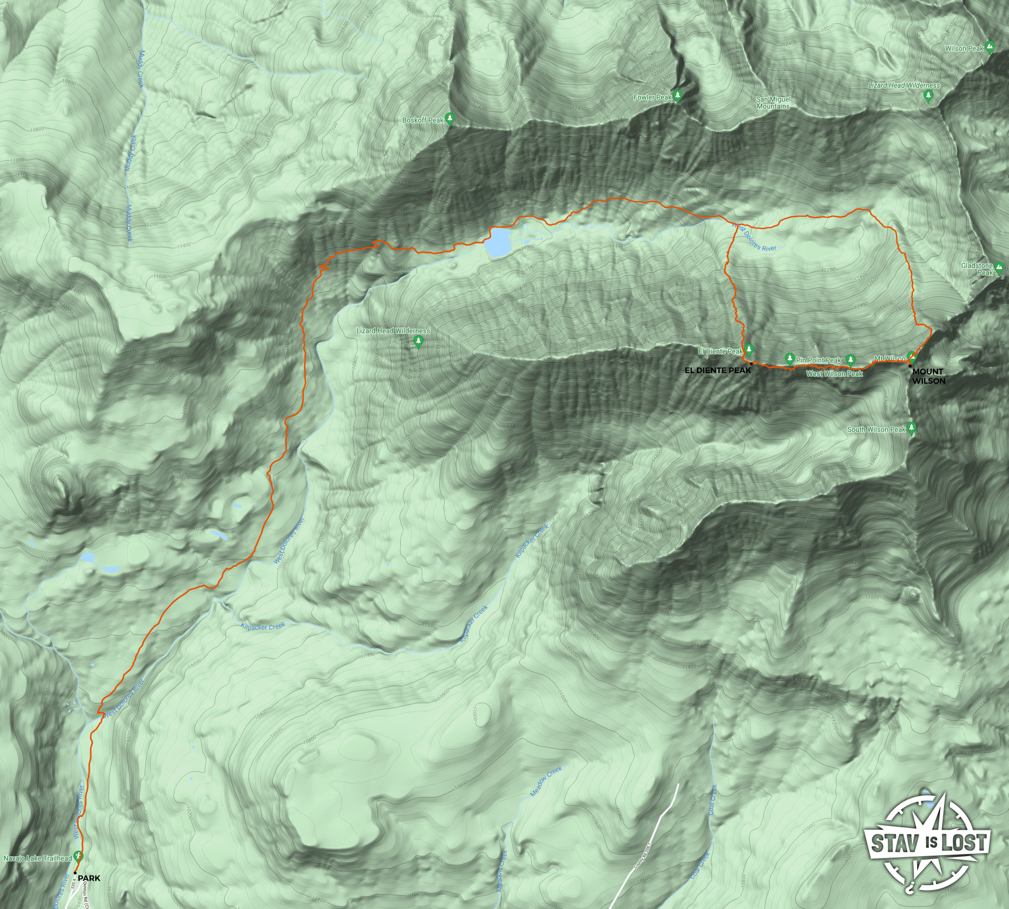map for El Diente and Mount Wilson via Navajo Lake Trail by stav is lost