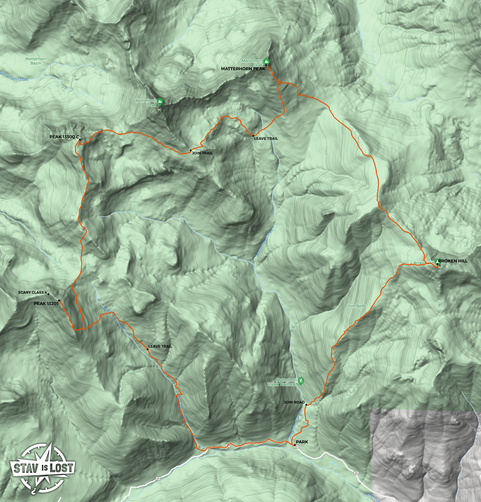 map for Peak 13201, Peak 13300 C, Matterhorn Peak, Broken Hill Loop by stav is lost