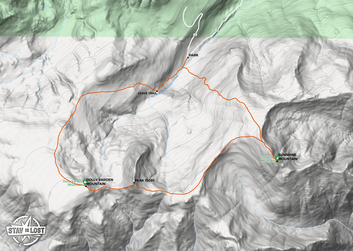 map for Dolly Varden Mountain, Peak 13093, and Sunshine Mountain by stav is lost