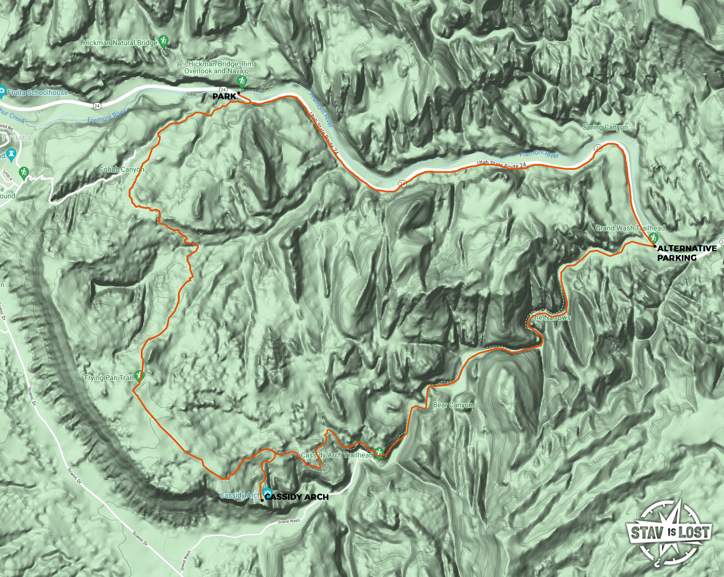 map for Frying Pan Trail, Cassidy Arch, Grand Wash Loop by stav is lost