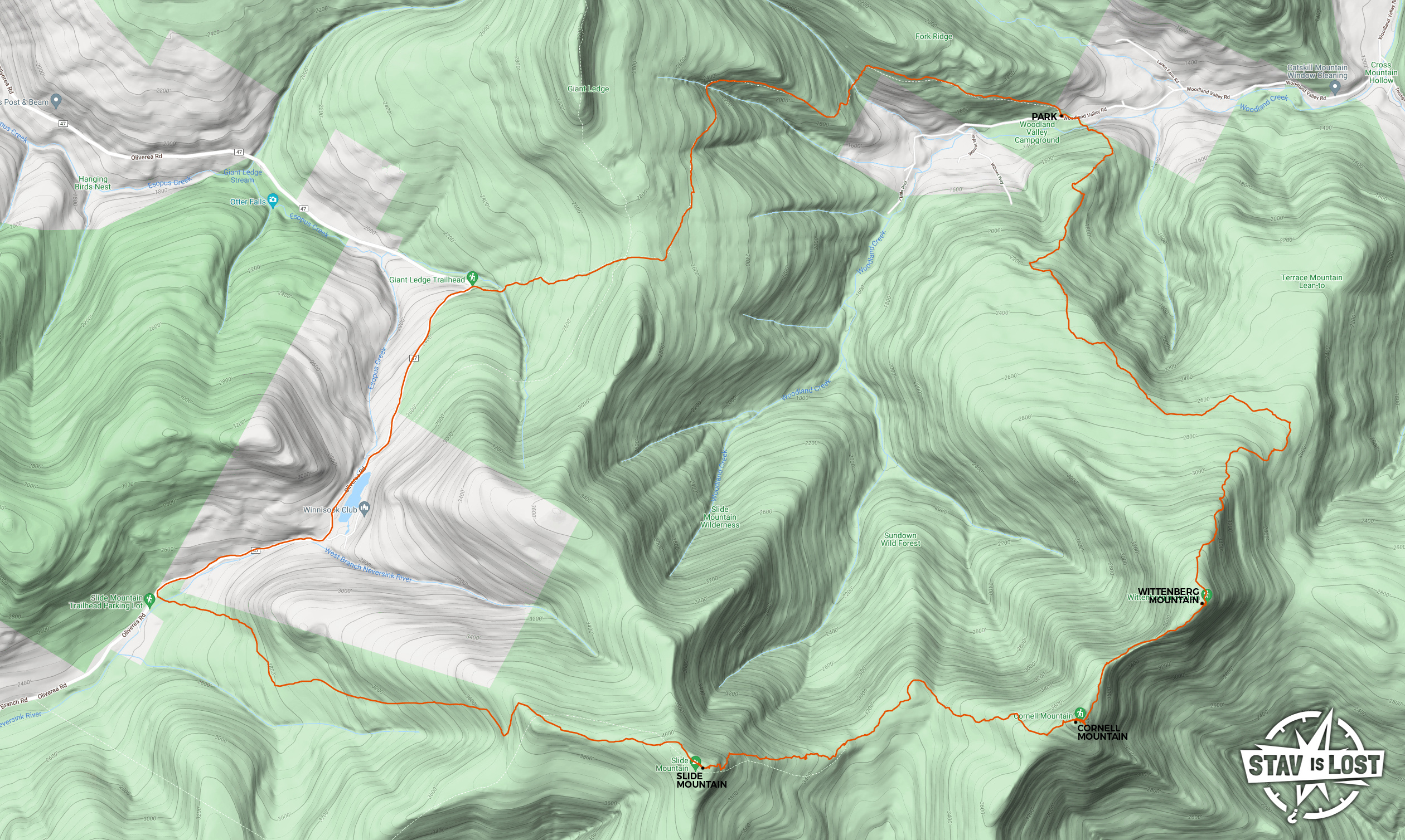 Hiking Map for Wittenberg, Cornell, Slide Mountain Loop (Burroughs Range)