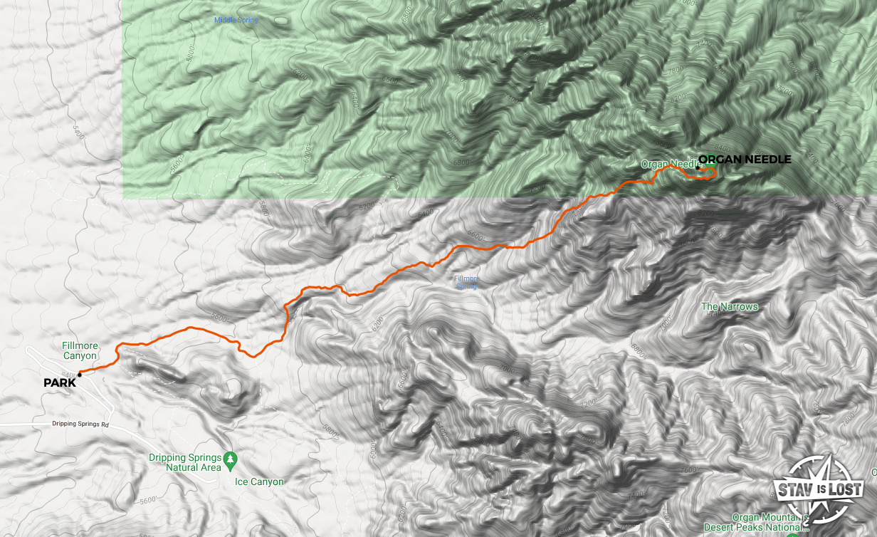 Hiking Map for Organ Needle via Fillmore Canyon