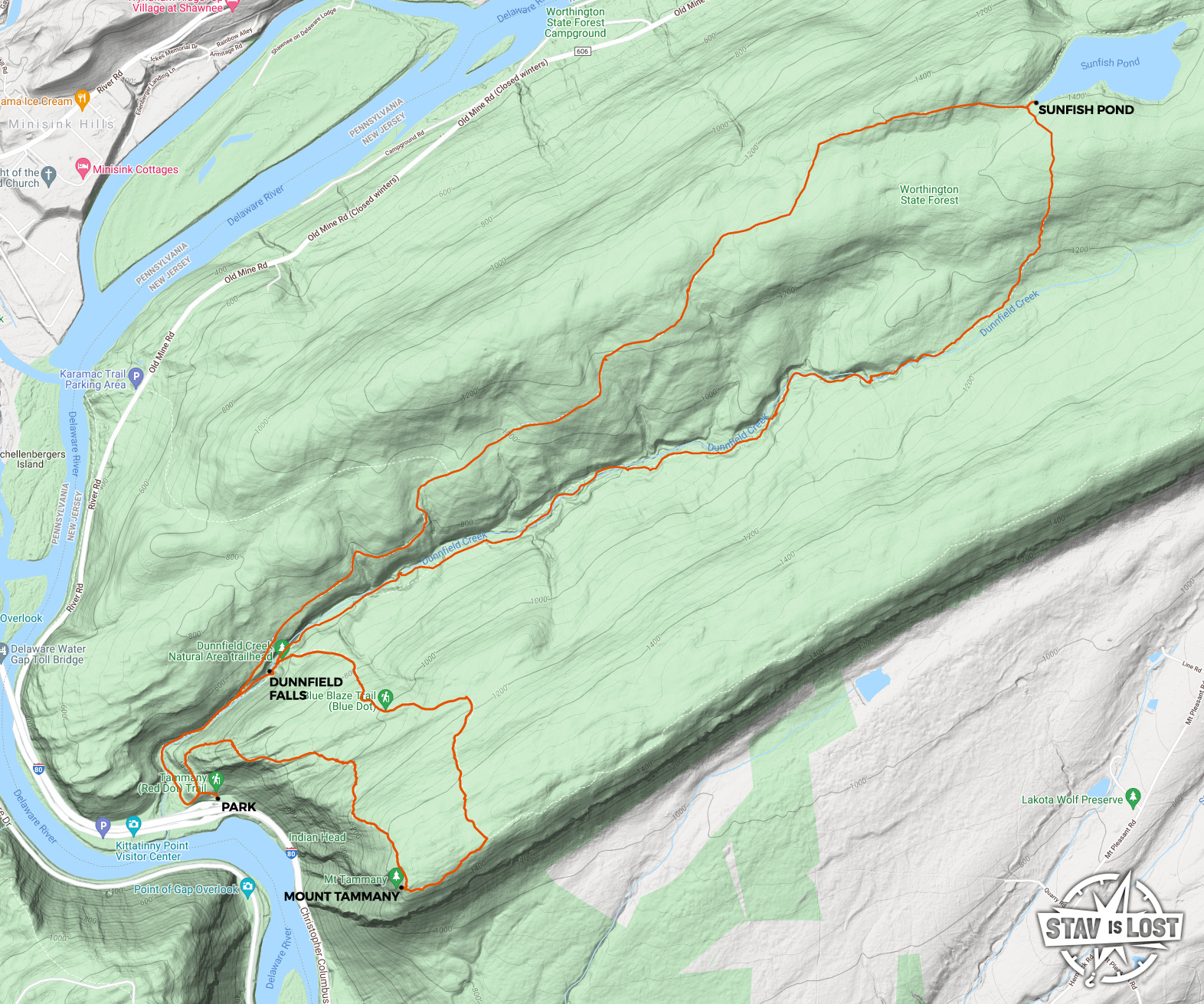 Hiking Map for Mount Tammany, Sunfish Pond, Dunnfield Creek Loop