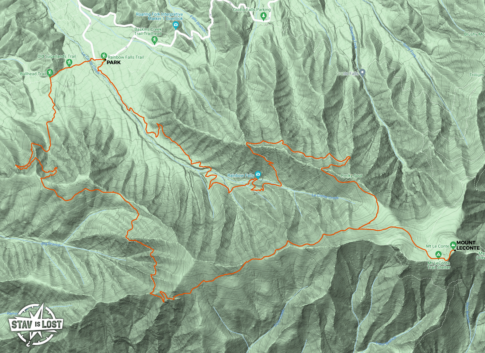 map for Mount LeConte via Rainbow Falls and Bull Head Loop by stav is lost