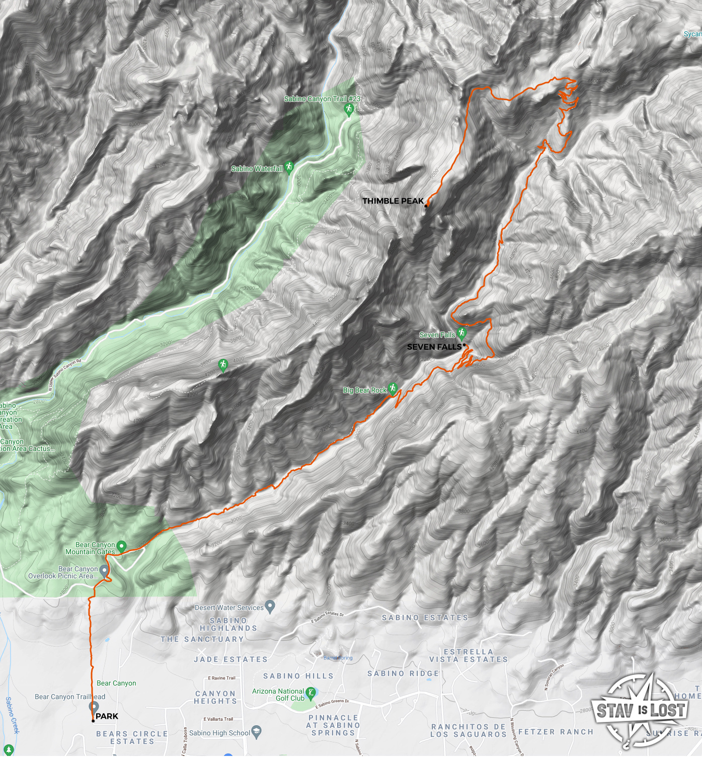 Hiking Map for Thimble Peak and Seven Falls via Bear Canyon