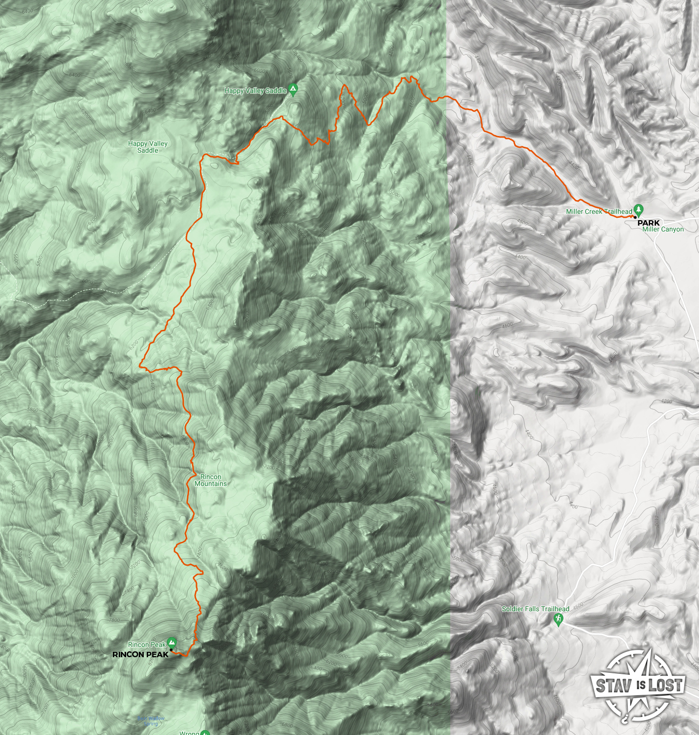 map for Rincon Peak via Miller Creek Trail by stav is lost