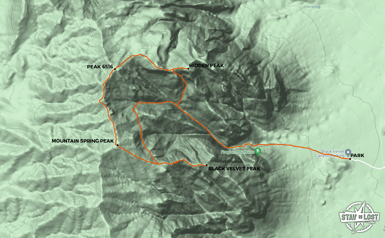 map for Hidden Peak, Mountain Spring Peak, Black Velvet Peak by stav is lost