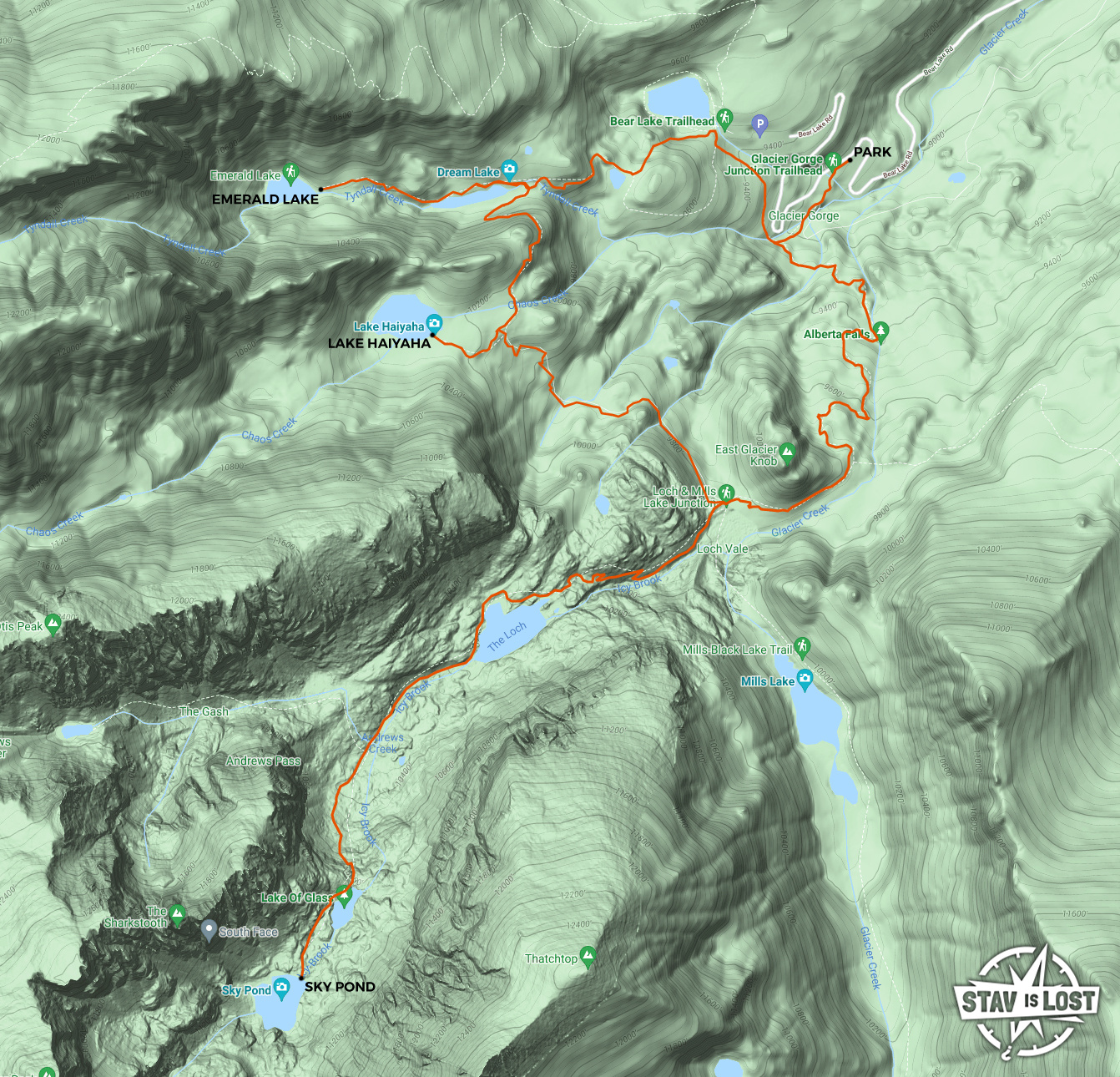 map for Sky Pond, Lake Haiyah, Emerald Lake Loop by stav is lost