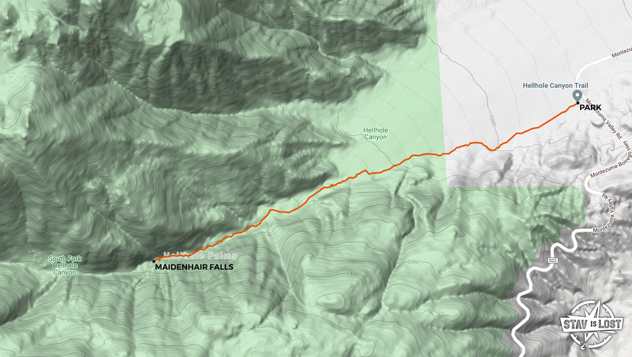 map for Maidenhair Falls via Hellhole Canyon by stav is lost