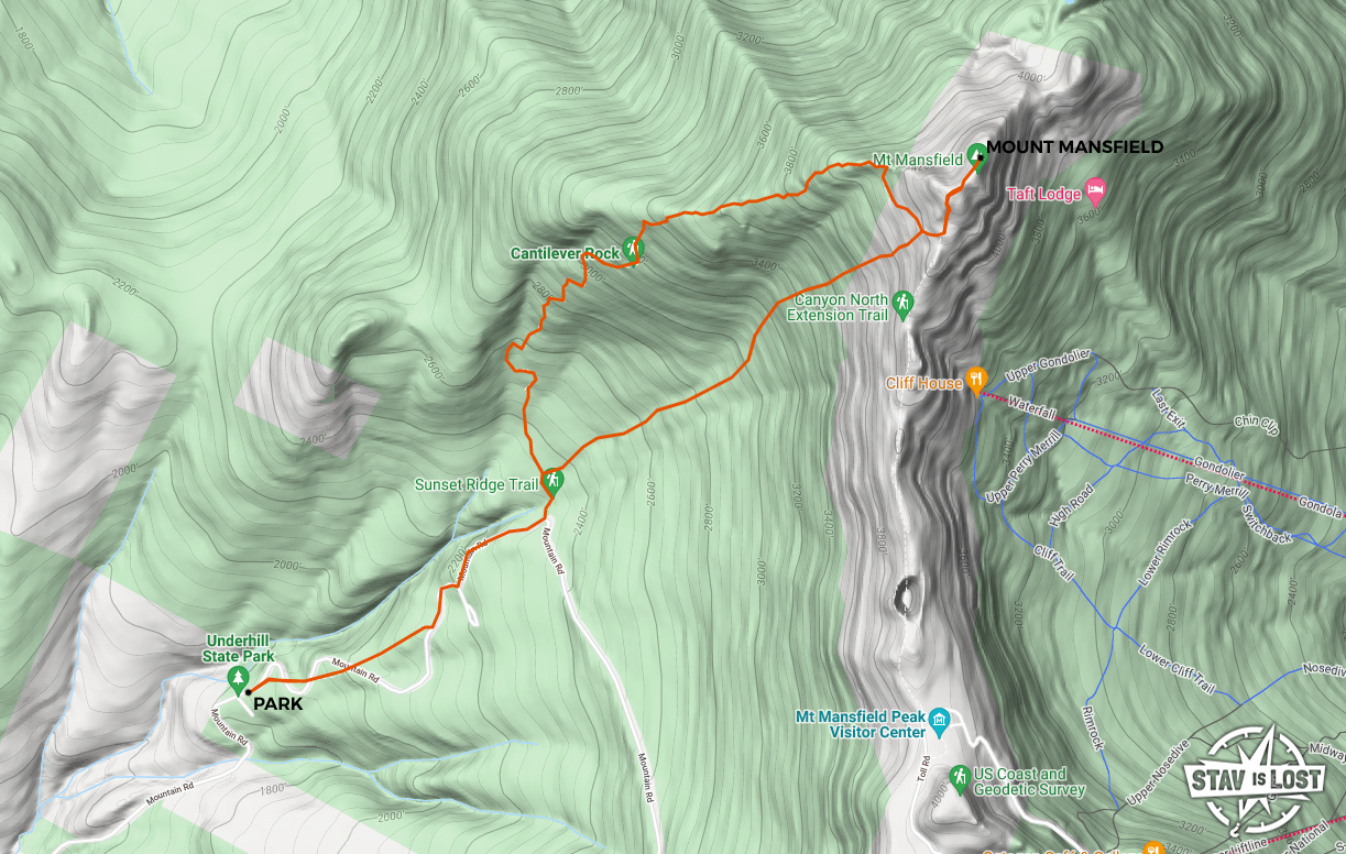 map for Mount Mansfield via Laura Cowles and Sunset Ridge by stav is lost