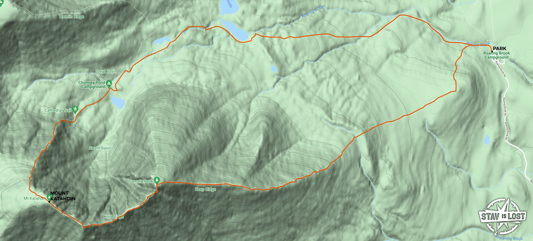 map for Mount Katahdin Knife Edge via Cathedral Trail Loop by stav is lost