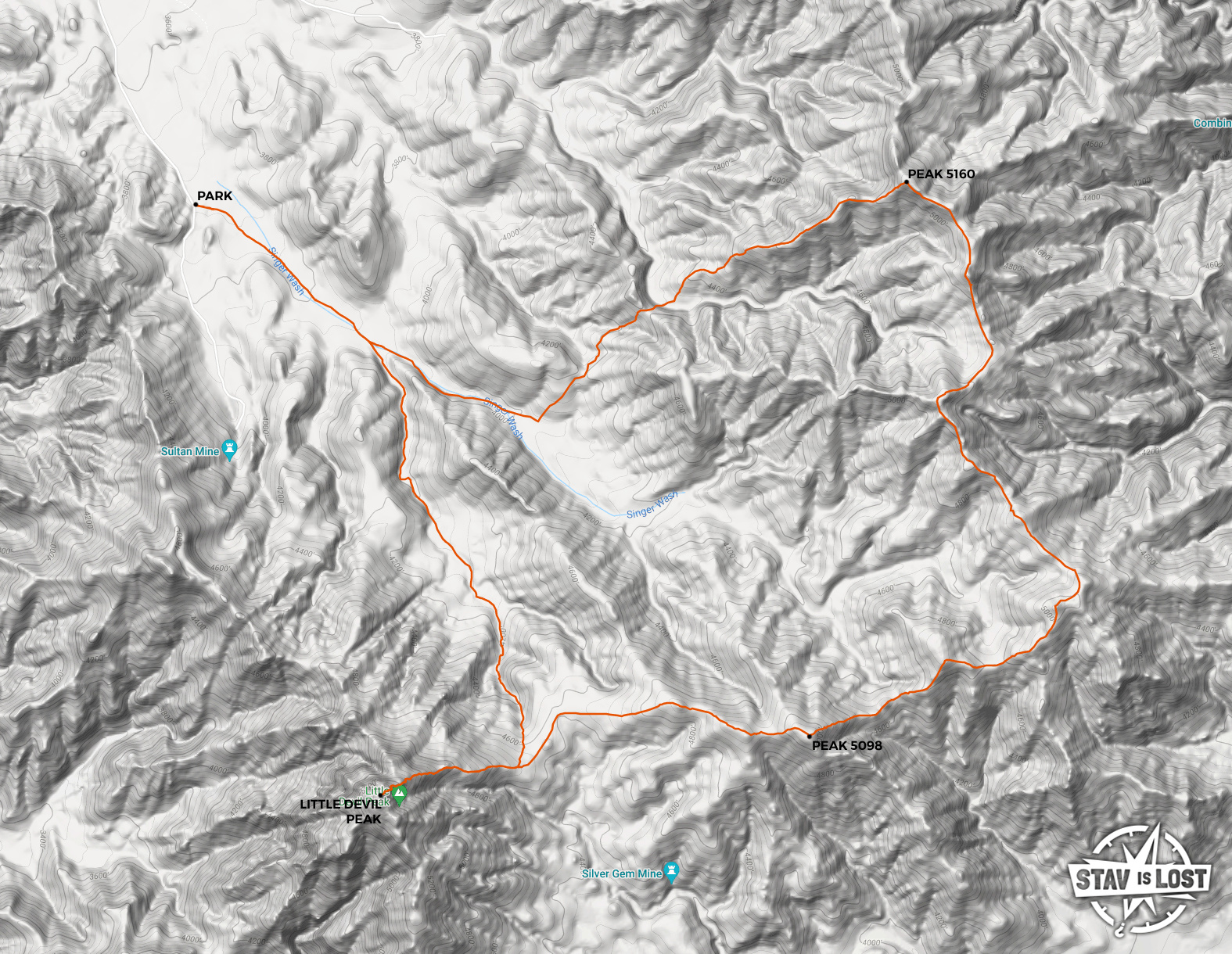 map for Little Devil Peak and Singer Wash Peaks Loop by stav is lost
