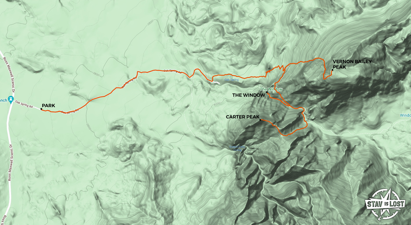map for Carter Peak and Vernon Bailey Peak via Oak Spring Trail by stav is lost