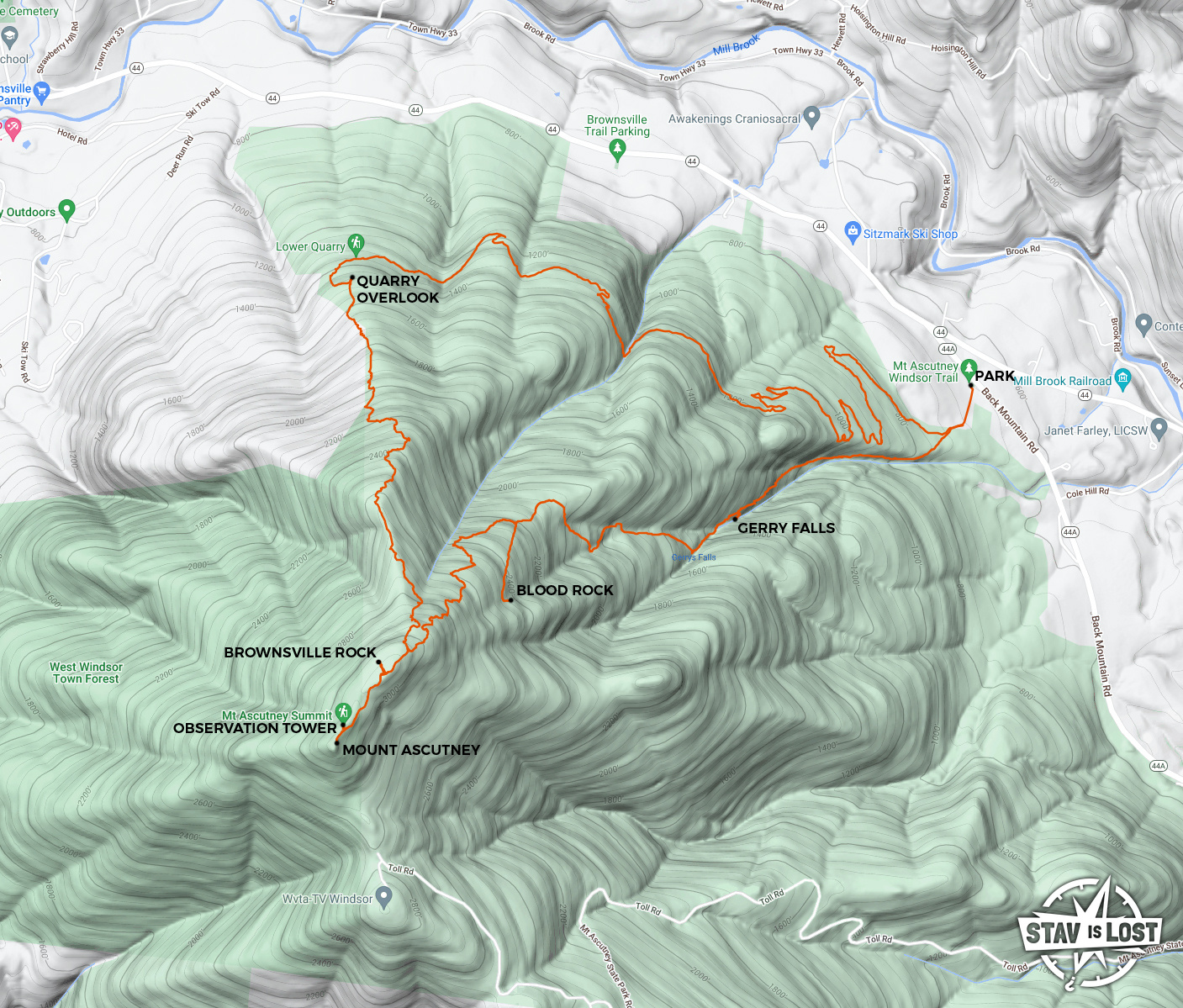 map for Mount Ascutney via Windsor and Brownsville Trails by stav is lost