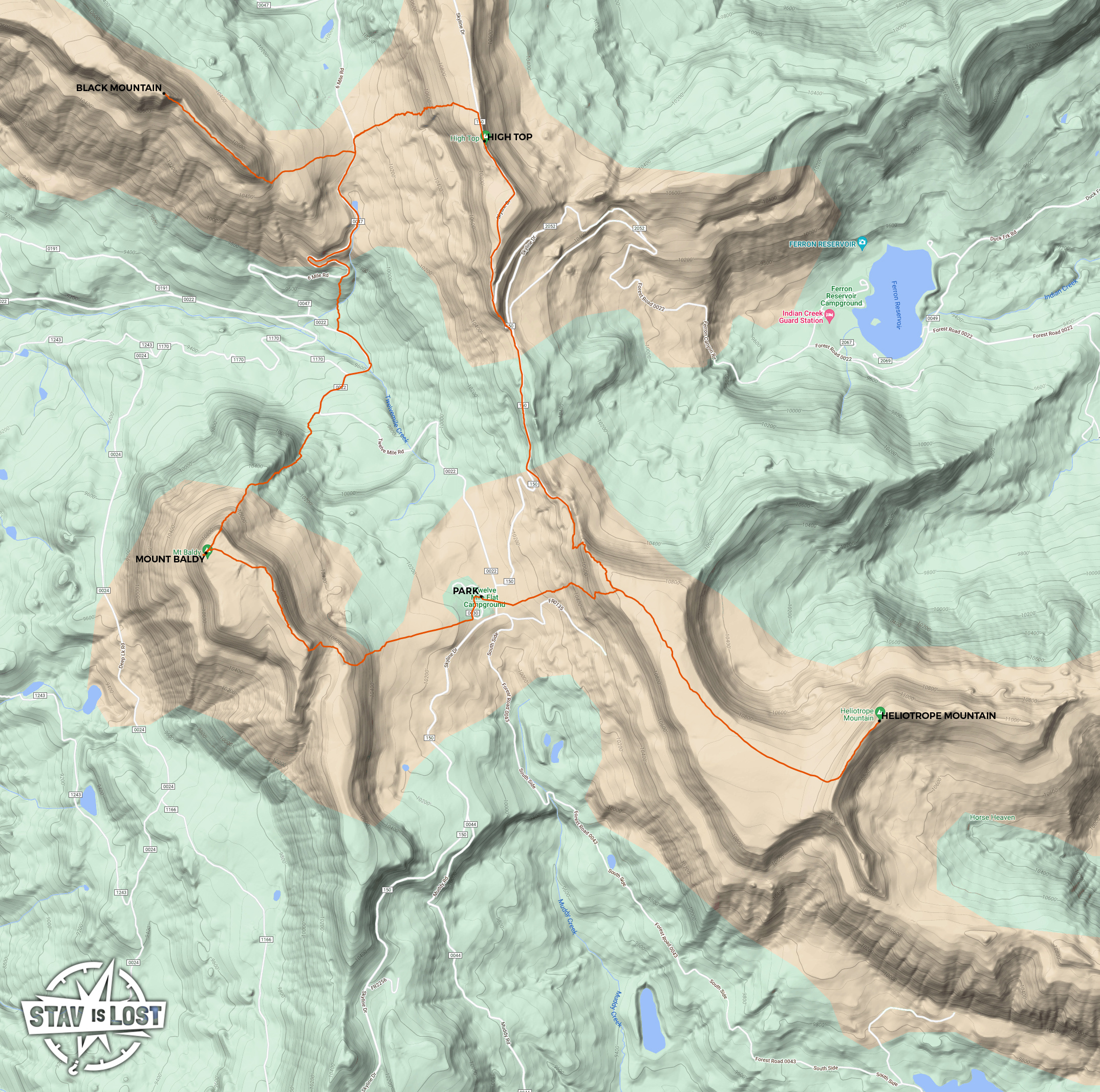 map for Mount Baldy, Black Mountain, High Top, Heliotrope Mountain Loop by stav is lost