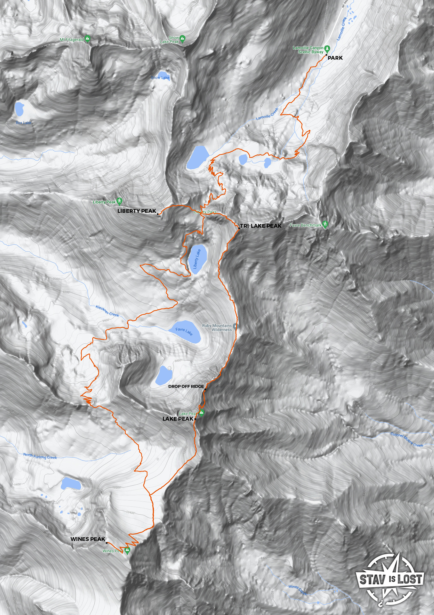 map for Liberty Peak, Tri-Lake Peak, Lake Peak, Wines Peak Loop by stav is lost