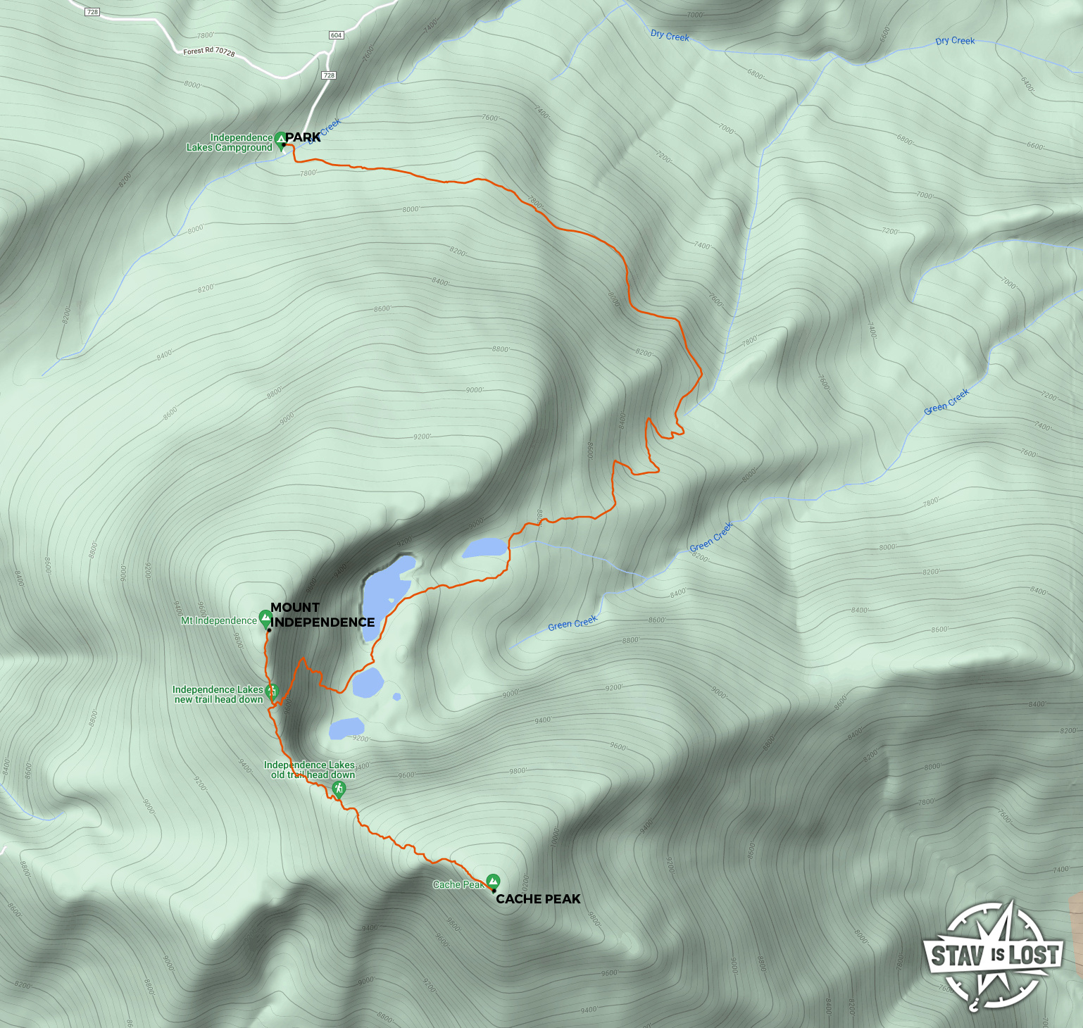 map for Cache Peak via Independence Lakes by stav is lost
