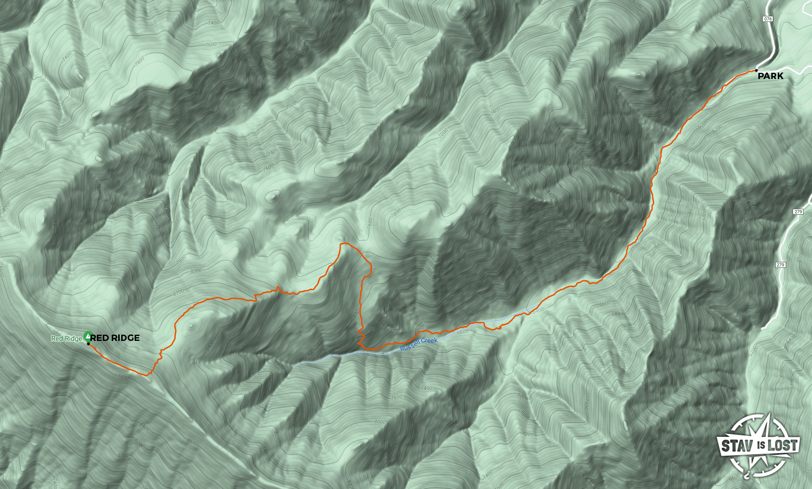 Hiking Map for Red Ridge via Russell Creek Trail