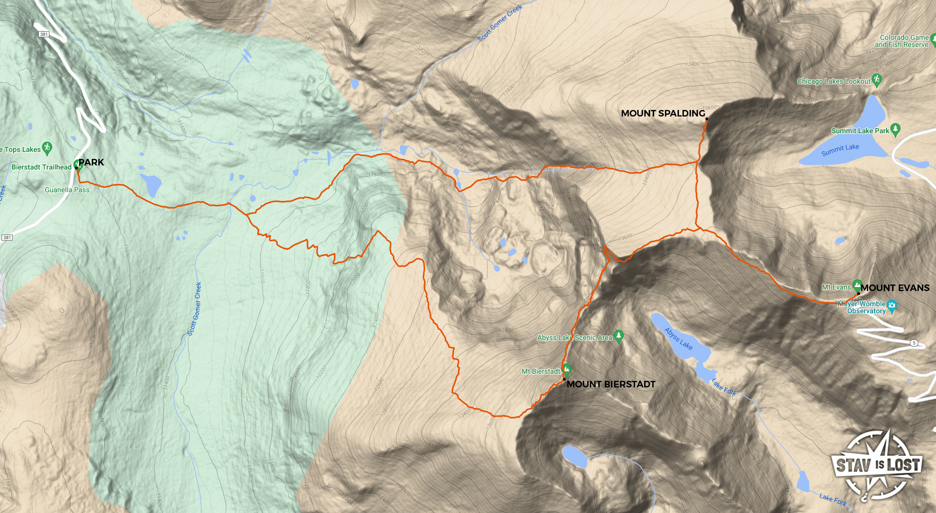 map for Mount Bierstadt, Mount Blue Sky, Mount Spalding via The Sawtooth by stav is lost