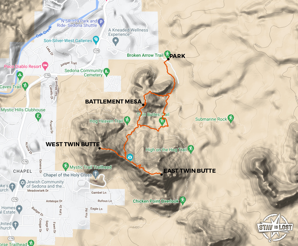 Hiking Map for Twin Buttes and Battlement Mesa