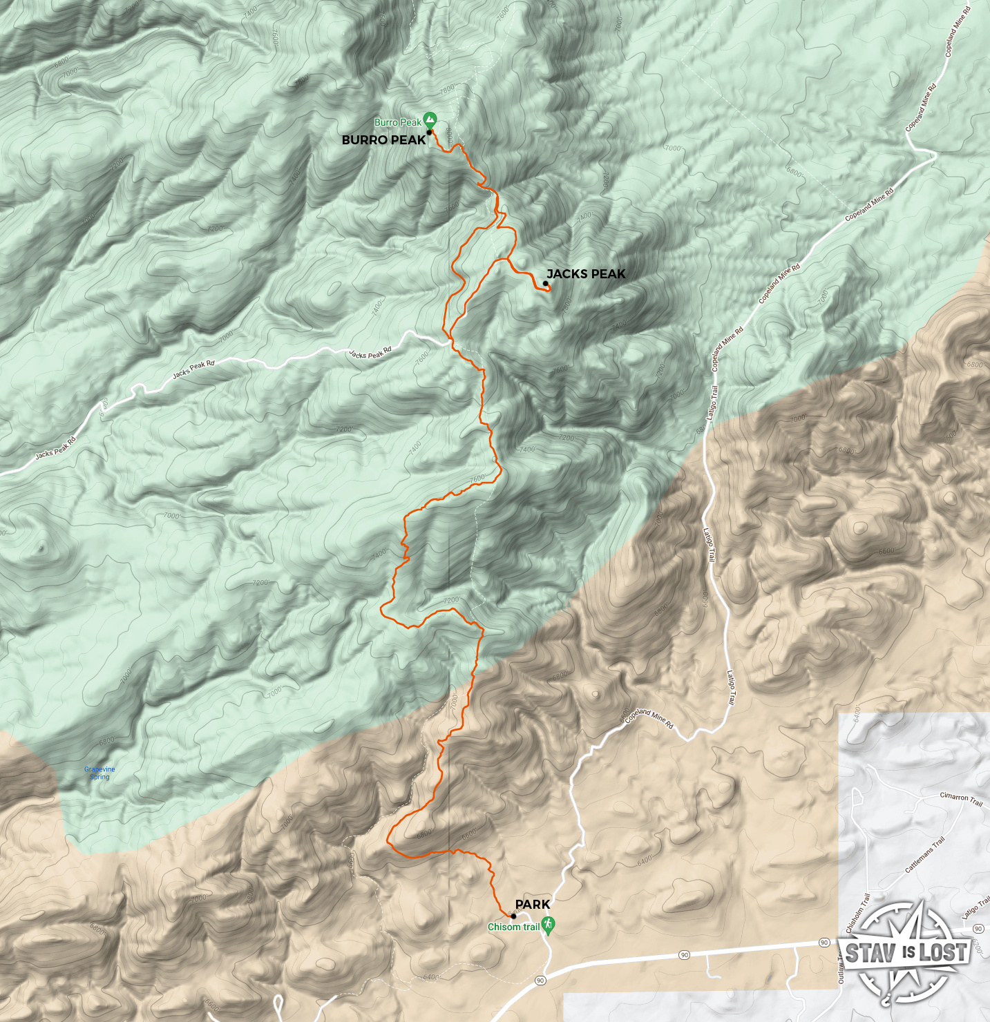 map for Burro Peak and Jacks Peak via Continental Divide Trail by stav is lost