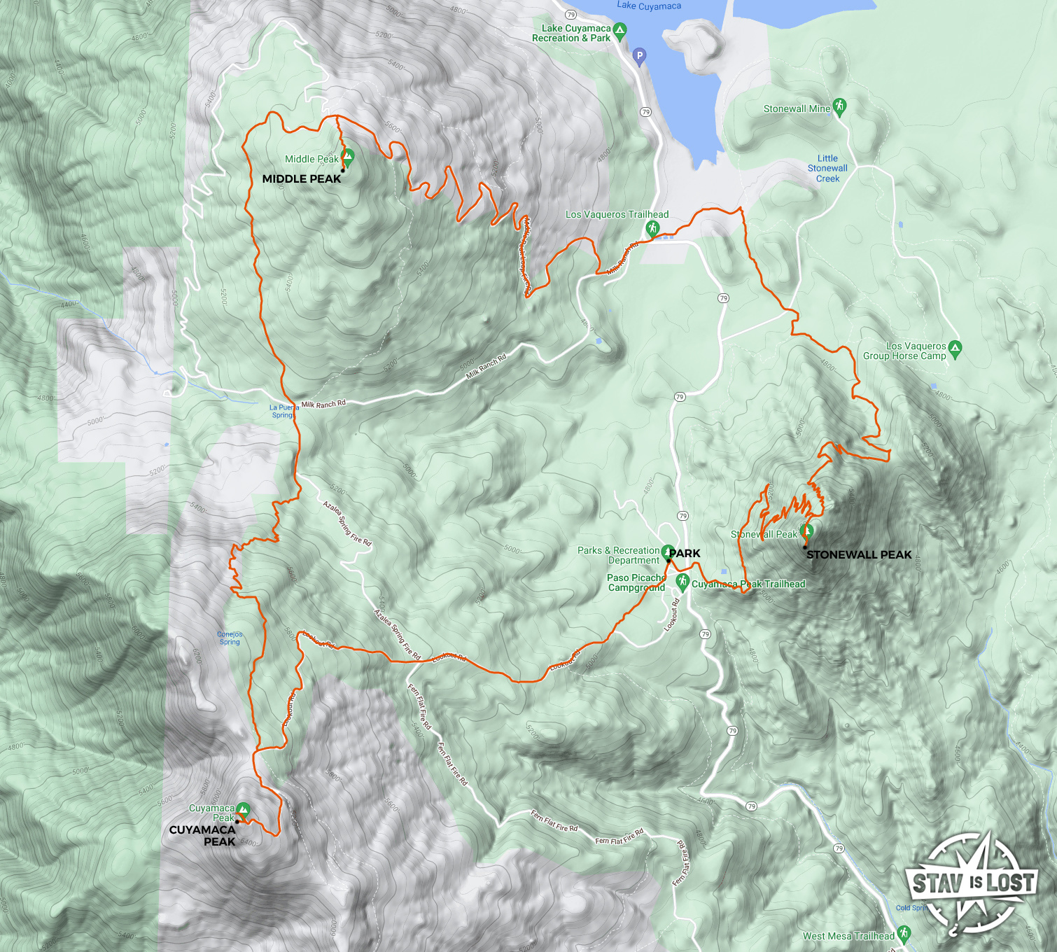 map for Cuyamaca Peak, Middle Peak, Stonewall Peak Loop by stav is lost