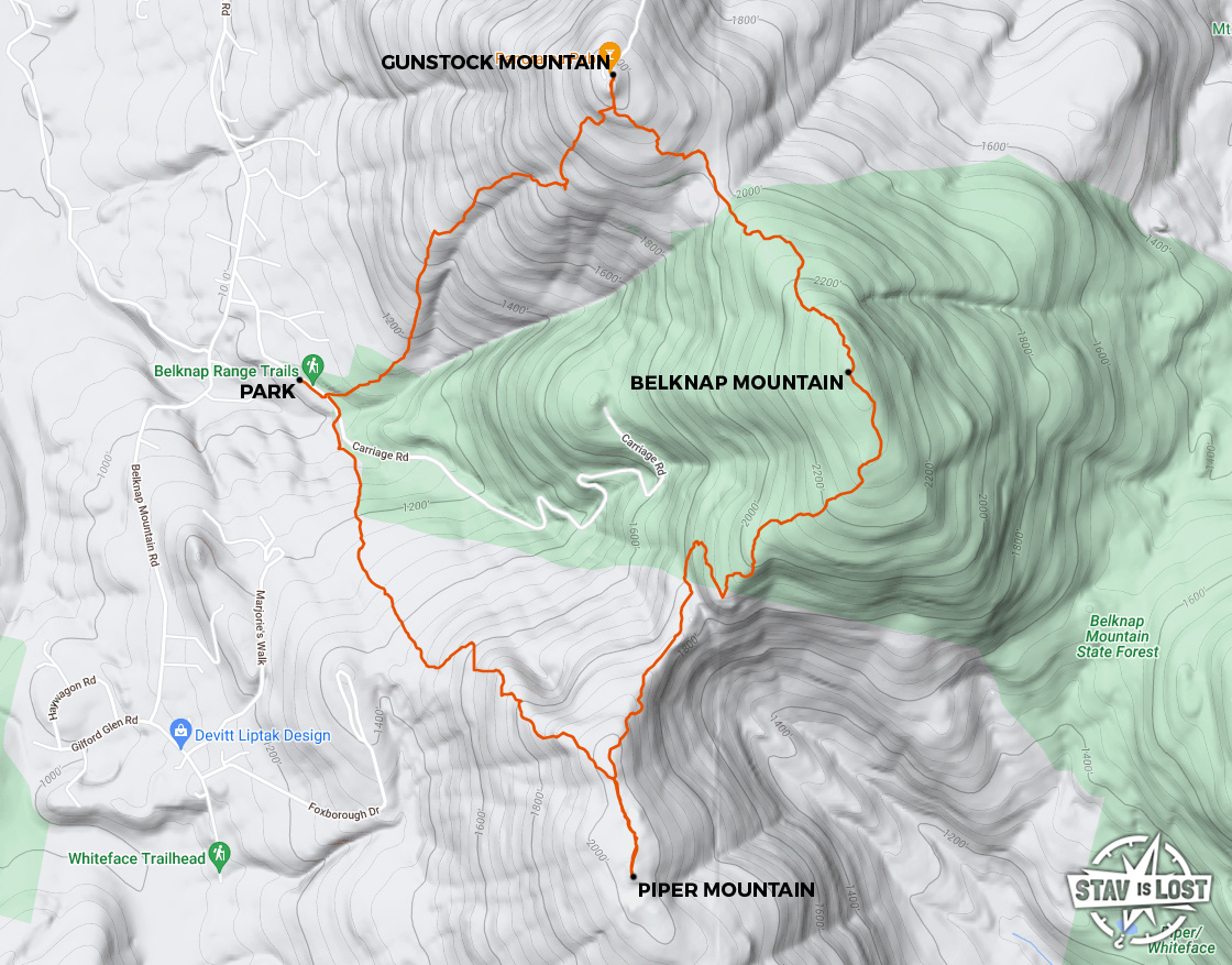 map for Gunstock Mountain, Belknap Mountain, Piper Mountain Loop by stav is lost