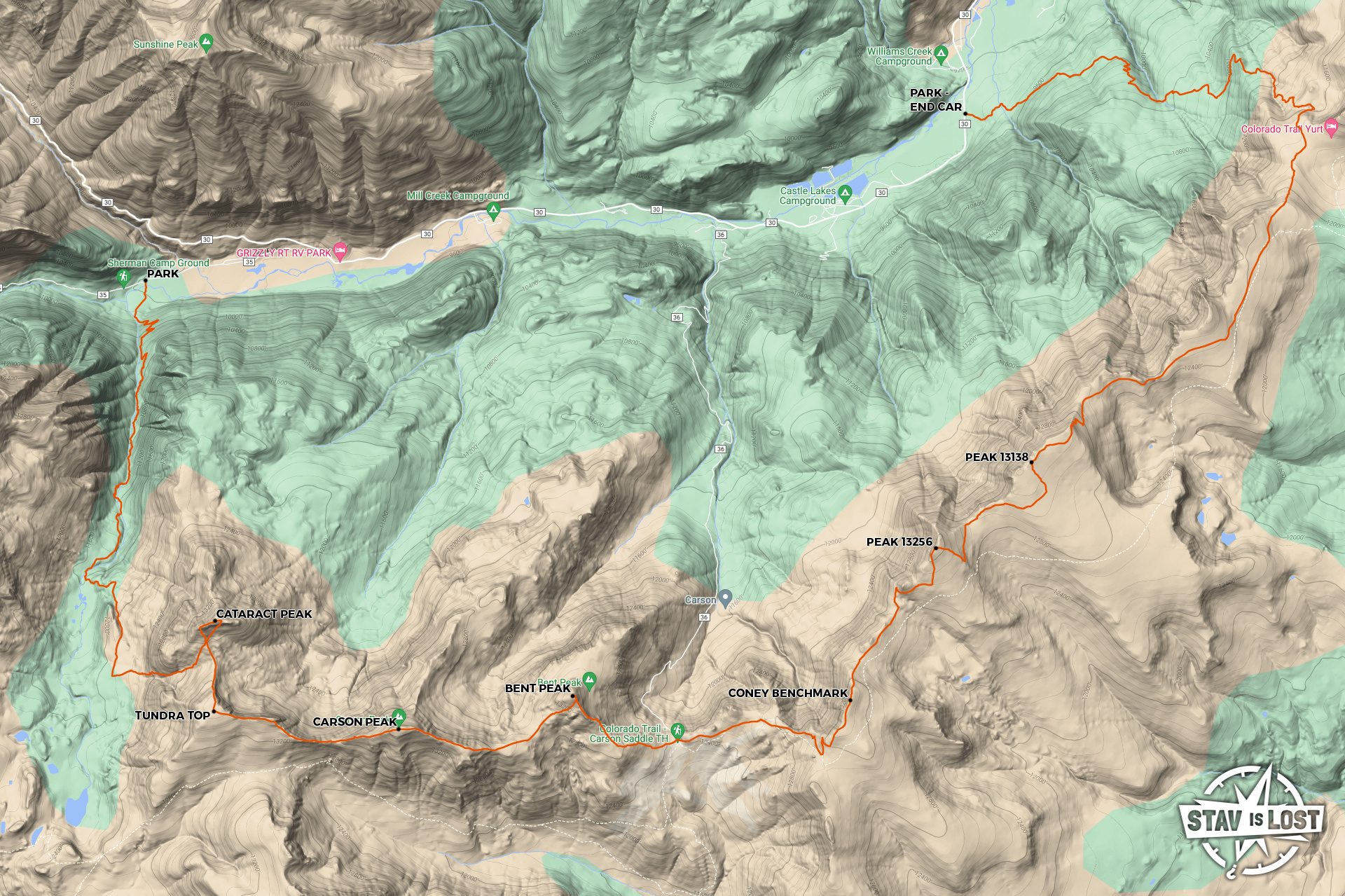 map for Cataract Peak, Carson Peak, Bent Peak, Coney Benchmark by stav is lost