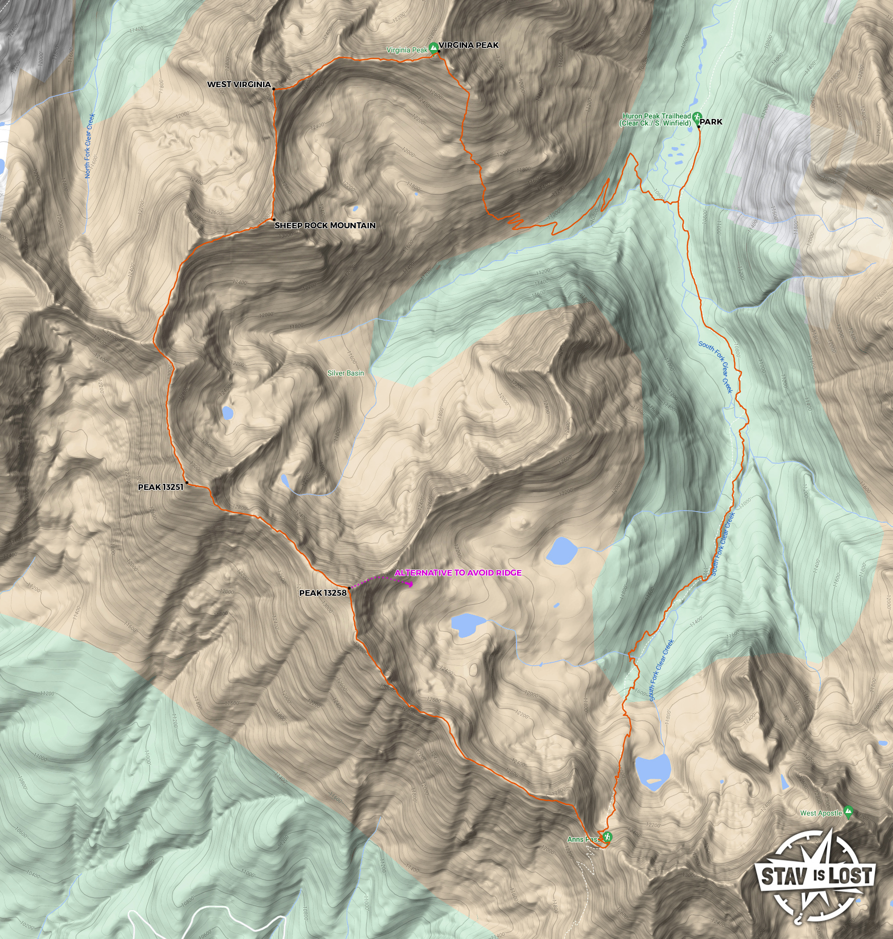 map for Virginia Peak, Sheep Rock Mountain, Lake Ann Pass Loop by stav is lost