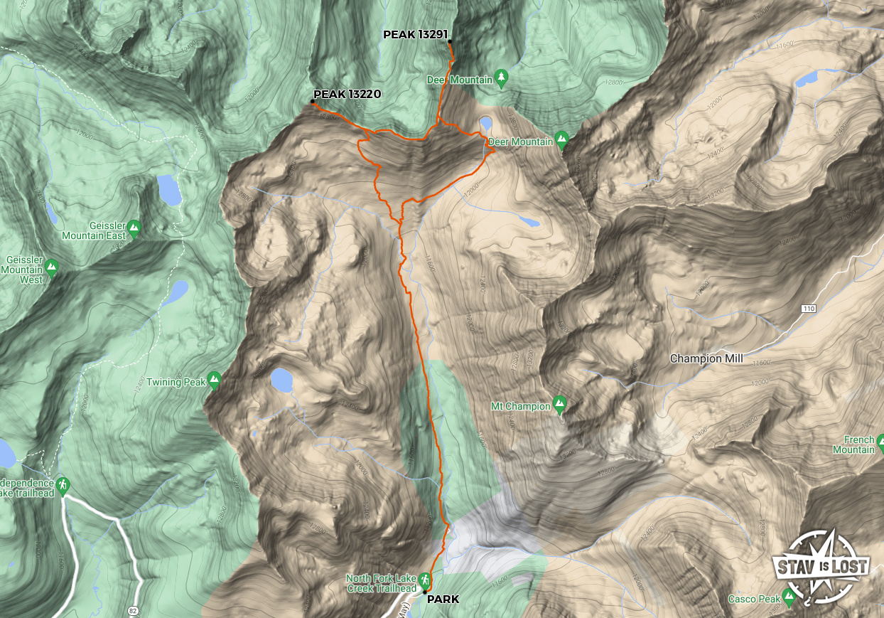 map for North Fork Lake Creek 13ers (Peak 13291, Peak 13220) by stav is lost