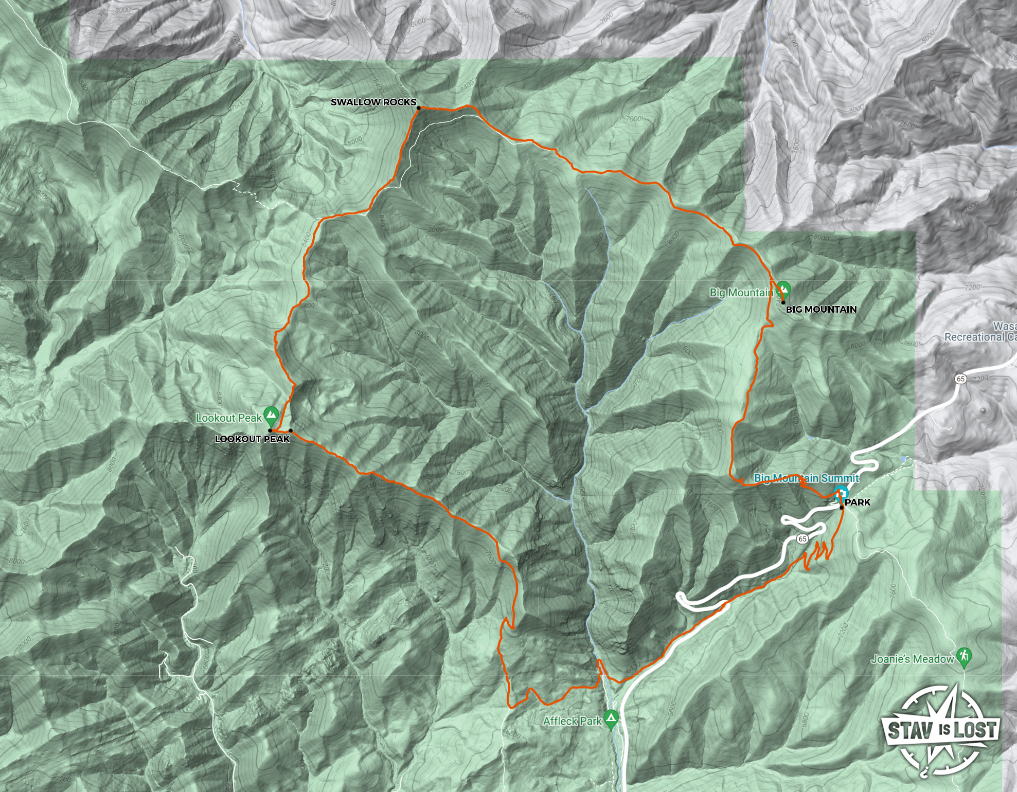 map for Big Mountain, Swallow Rocks, Lookout Peak Loop by stav is lost