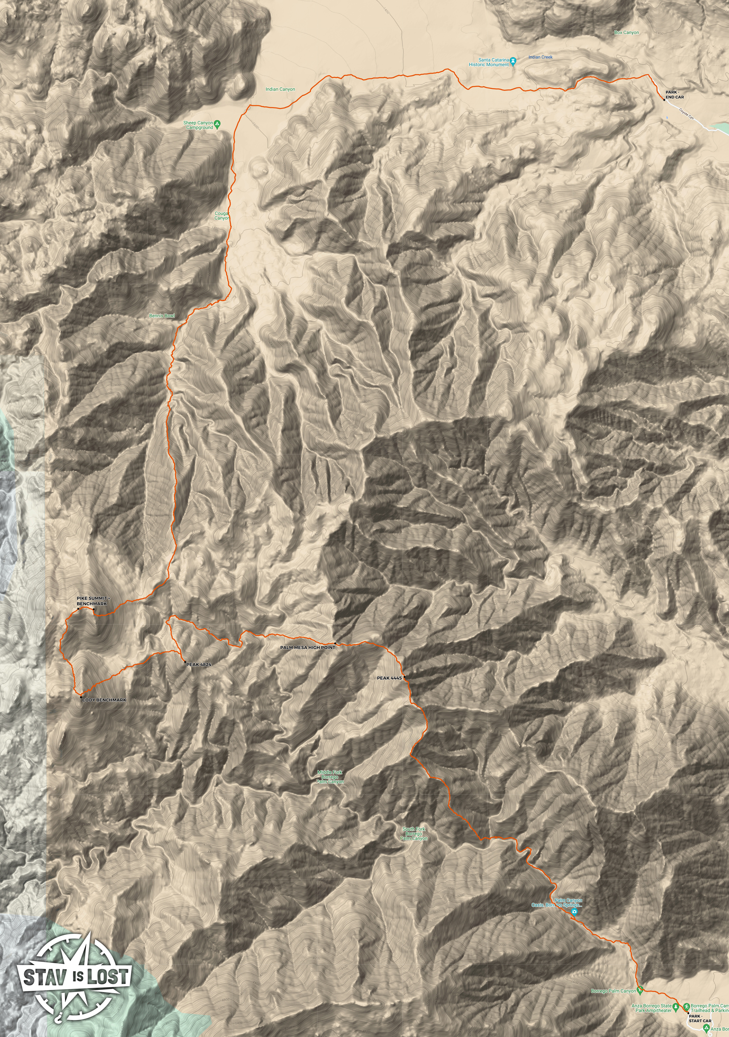 map for Borrego Palm Canyon, Palm Mesa, Indian Canyon Traverse by stav is lost