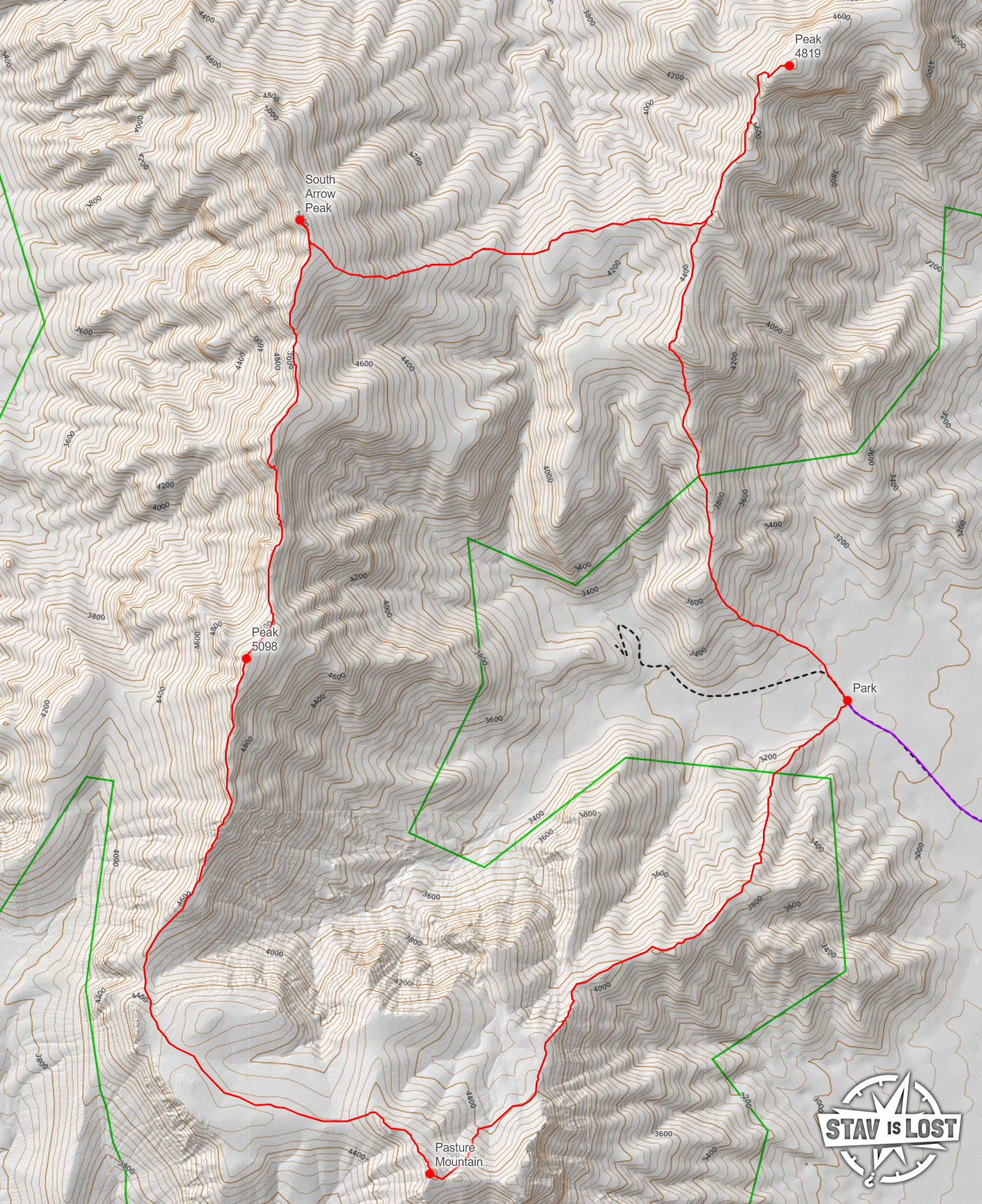 map for South Arrow Peak and Pasture Mountain Loop by stav is lost