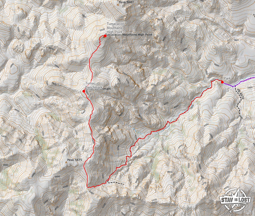 Map of Tumacacori Mountains High Point Stav is Lost