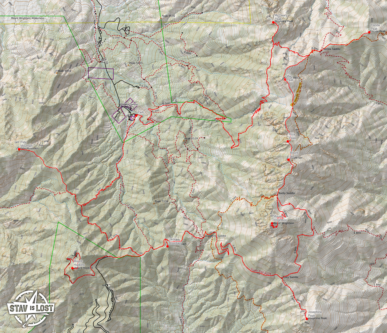 map for Santa Rita Mountains Traverse (Florida Peak, Mount Wrightson, Mount Hopkins) by stav is lost